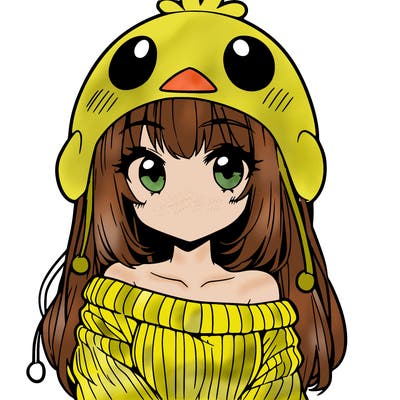 anime girl with chick shaped hat with sweater with bare shoulders with bangs covering them one eye with low tail