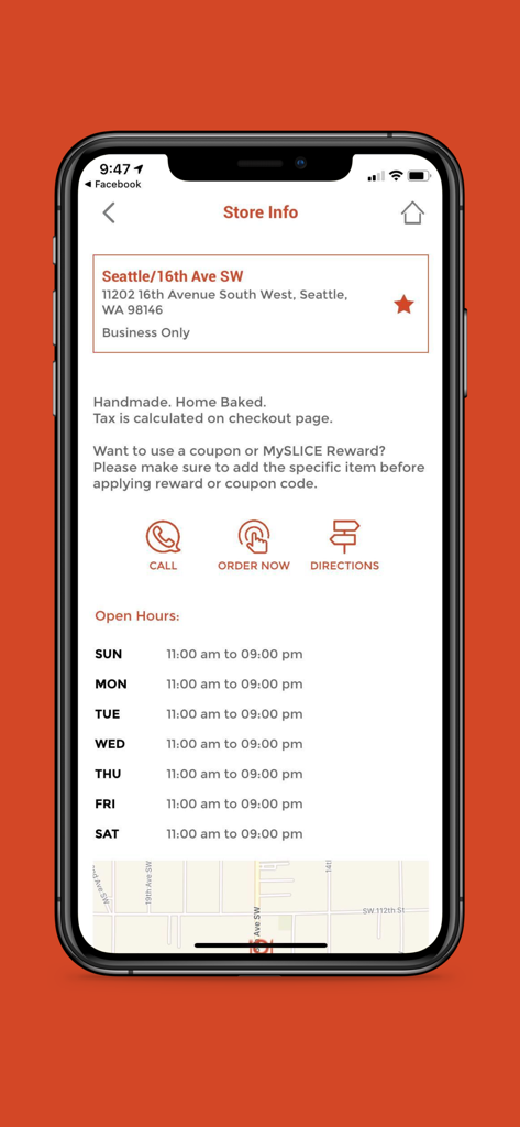 Página de informações da loja do aplicativo Papa Murphys mostrando endereço e horário de funcionamento para uma loja em Seattle