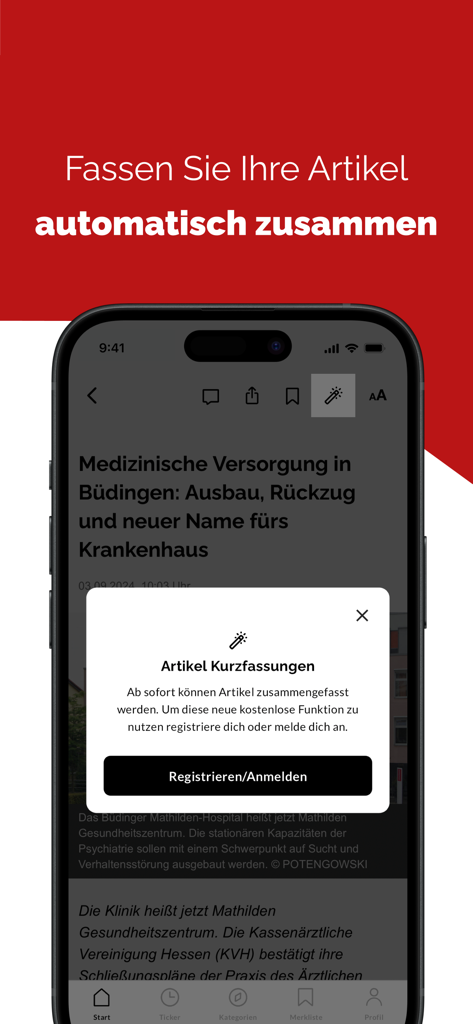 Wetterauer Zeitung News - Wetterauer Zeitung News App zeigt eine Artikelzusammenfassung als Pop-up auf einem iPhone-Bildschirm