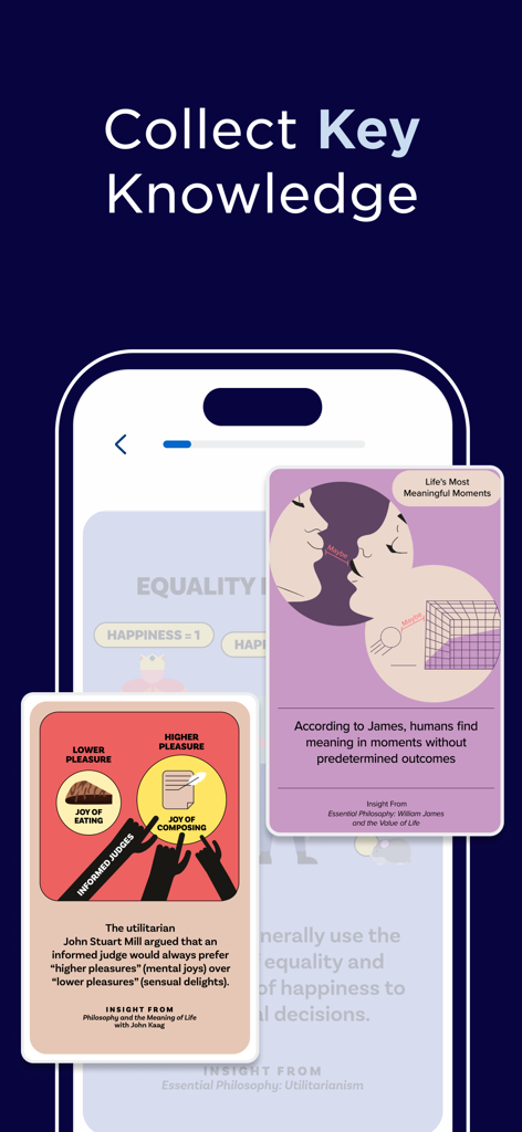 Captura de pantalla de la aplicación Fathom que muestra tarjetas ilustradas con ideas filosóficas sobre el utilitarismo y momentos significativos de la vida