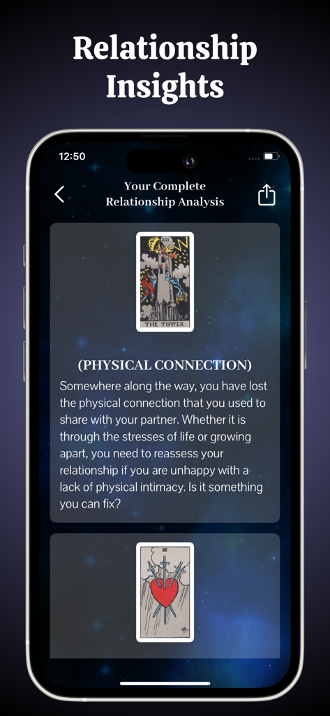 Tarot card reading app screen showing a relationship analysis with the Tower card interpretation