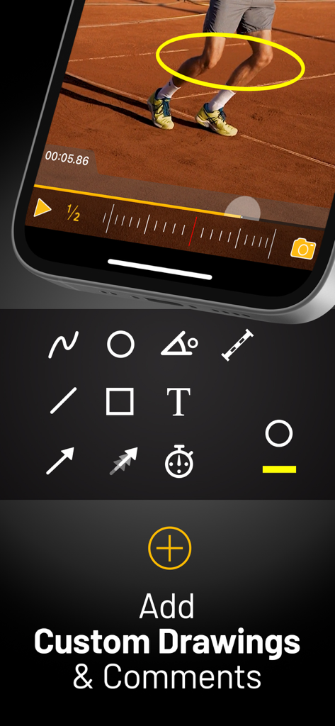 myDartfish Express: Coach App - Una captura de pantalla de la aplicación myDartfish Express que muestra herramientas de análisis de vídeo utilizadas para añadir dibujos y comentarios personalizados al movimiento de un tenista.