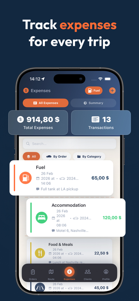 Drive Transit - Bildschirm einer mobilen App, der eine detaillierte Zusammenfassung der Reisekosten, einschließlich Kraftstoff, Unterkunft und Verpflegung für Fahrer von Fahrzeugüberführungen, anzeigt