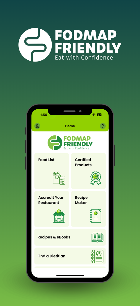 FODMAP Friendly - La schermata iniziale dell'app mobile FODMAP Friendly che mostra varie opzioni di menu per la gestione dell'IBS