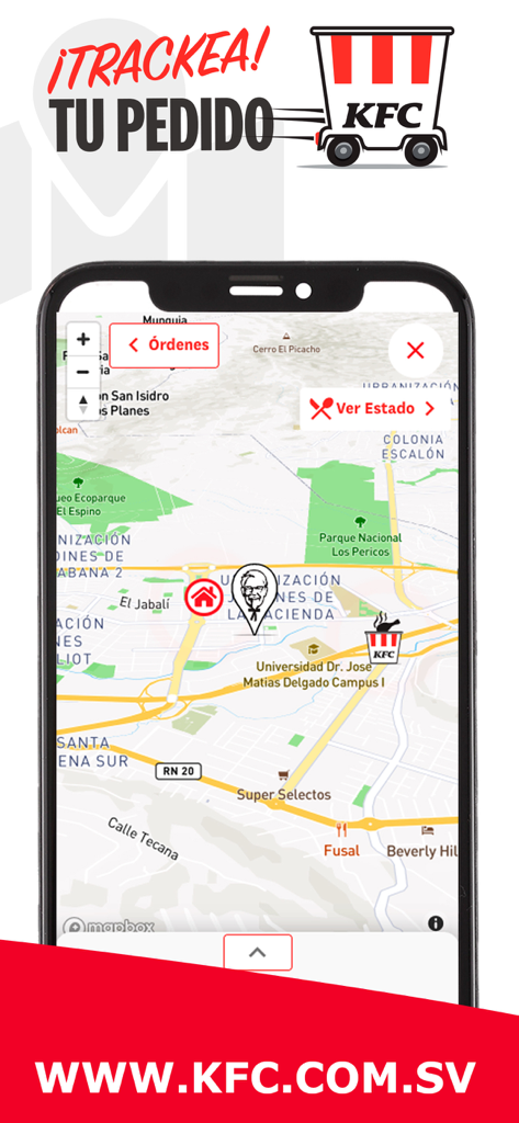 KFC El Salvador - KFC El Salvador app screen showing real-time delivery tracking on a map