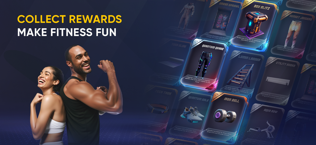 FitCraft －AI Fitness Coach - Two people smiling next to a display of collectible digital fitness reward cards in the FitCraft app.