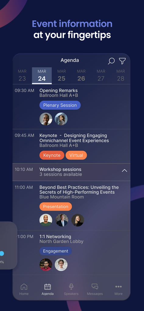 Écran d'agenda dans l'application Eventspace by SpotMe montrant un programme quotidien de sessions et d'intervenants d'événements