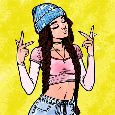 realistic teenage girl with braids and a beanie and crop top doing 🫶🏼