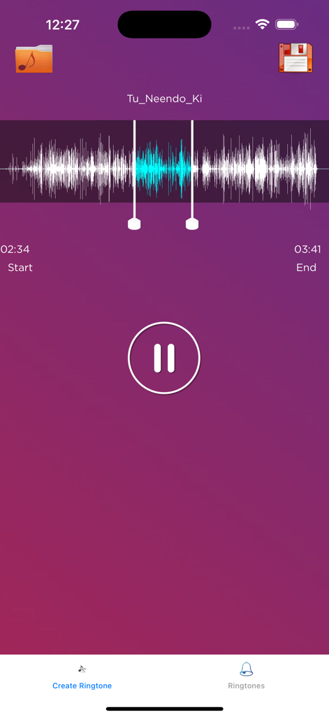 Interface utilisateur d'une application découpant une forme d'onde de fichier musical pour créer une sonnerie personnalisée