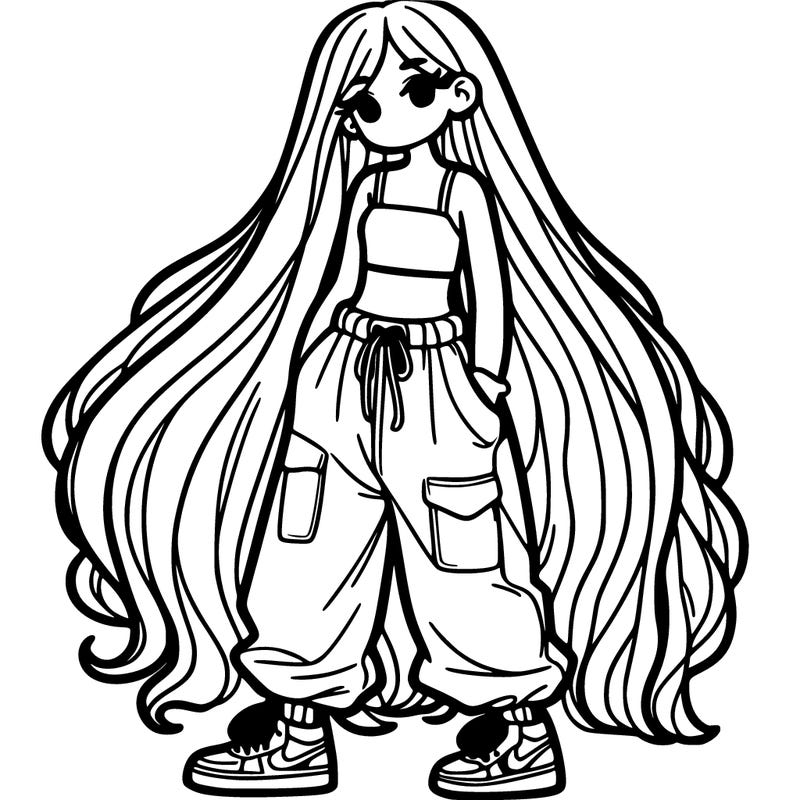 girl in baggy pants and a crop top with super longhair