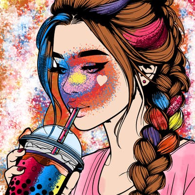 realistic girl drinking boba tea with braided hair