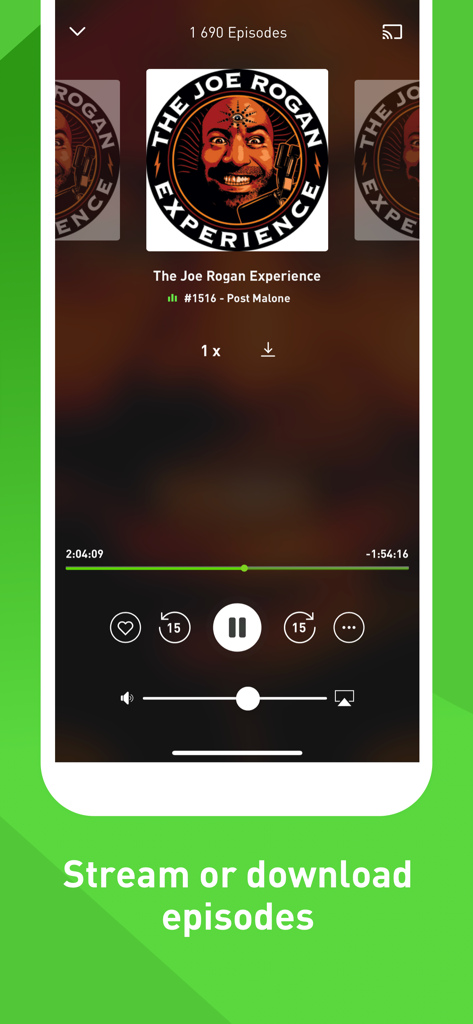GetPodcast - Podcast Player - Eine mobile Oberfläche der GetPodcast-App, die Wiedergabesteuerungen für eine Podcast-Episode mit Optionen zum Streamen oder Herunterladen zeigt.
