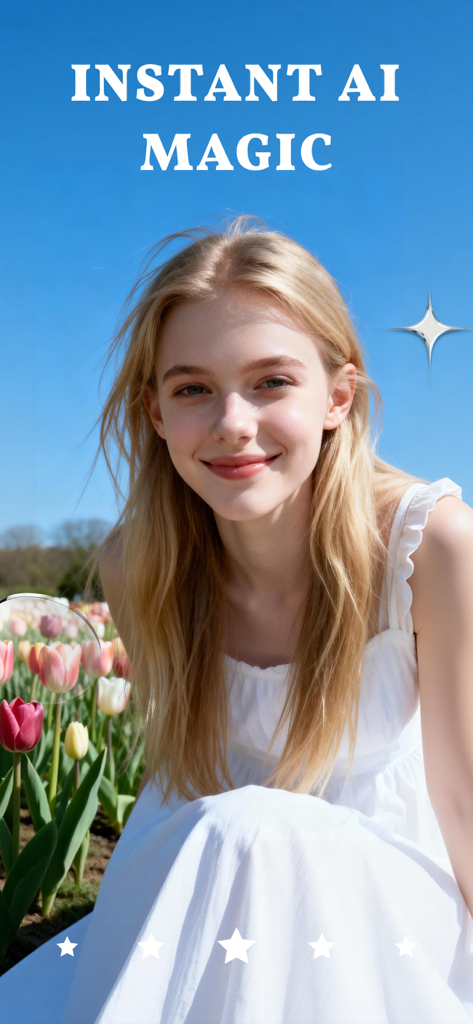 Retrato de uma jovem sorrindo em um campo de tulipas com o texto Mágica de IA Instantânea