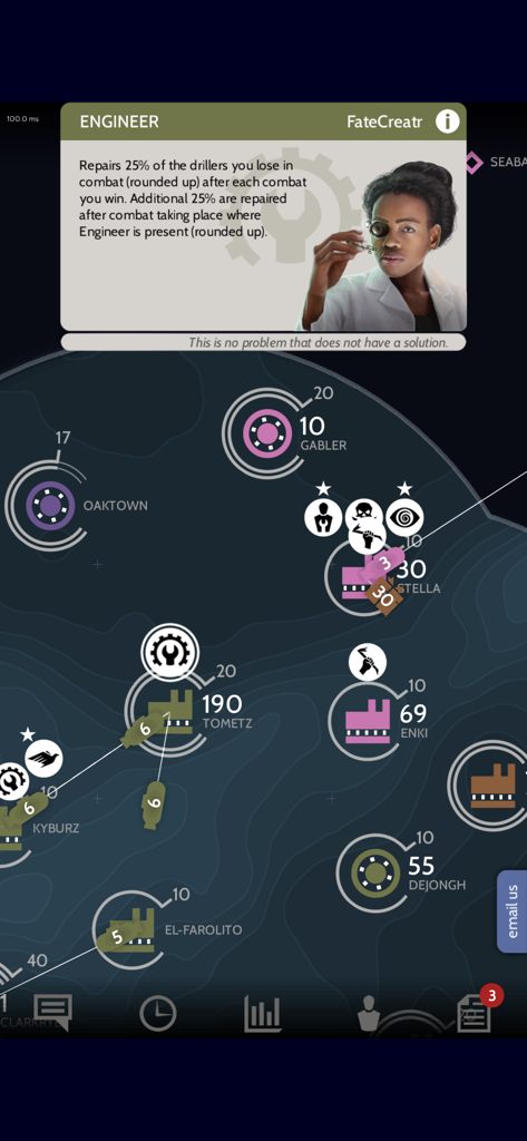 Subterfuge strategy game screenshot featuring an Engineer specialist card over a tactical map with outposts