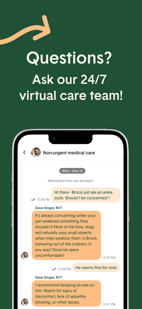 Juno Vet - Juno Vet app interface showing 24/7 virtual care chat with a veterinary technician