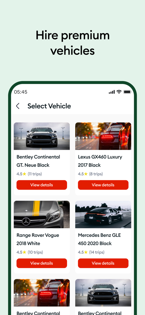 GIG Mobility app screen showing a selection of premium luxury cars available for hire including Bentley Lexus and Mercedes Benz
