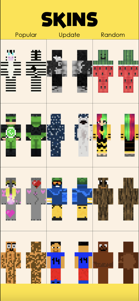 Brainrot Skins For Minecraft - Affichage en grille de skins de personnages Minecraft populaires et aléatoires