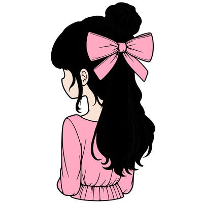 realistic girl  with hip length hair a bun and a big bow on the back of head