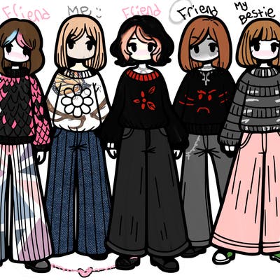draw a group of six girls with baggy sweaters and bell bottoms