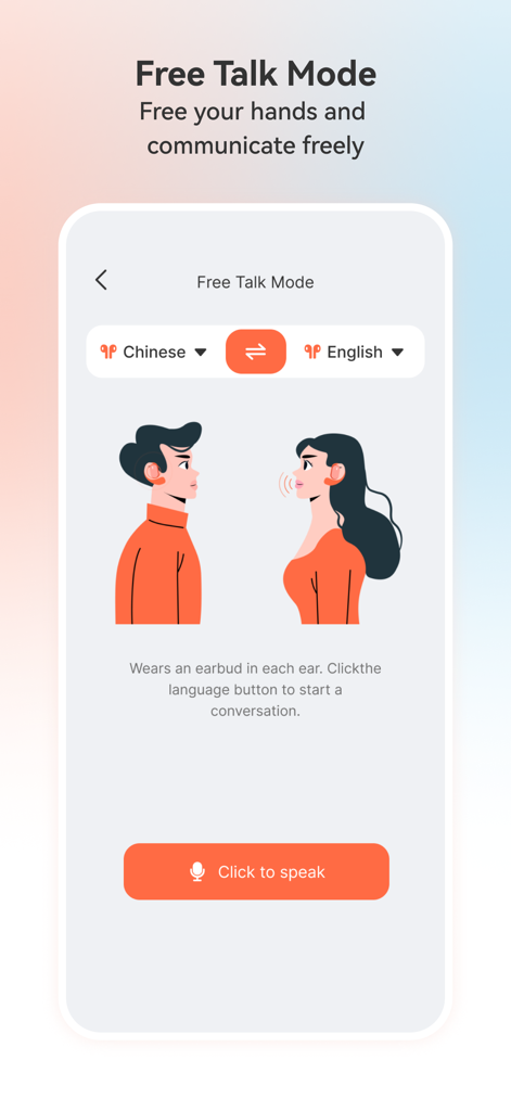 A screenshot of TransKit app showing the Free Talk Mode interface for real-time translation between Chinese and English using Bluetooth earbuds.
