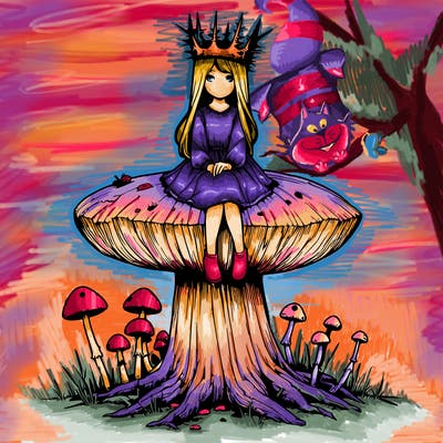 realistic girl sitting on a huge tree stump size toadstool with thorn crown