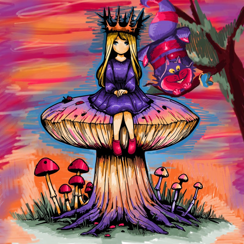 realistic girl sitting on a huge tree stump size toadstool with thorn crown