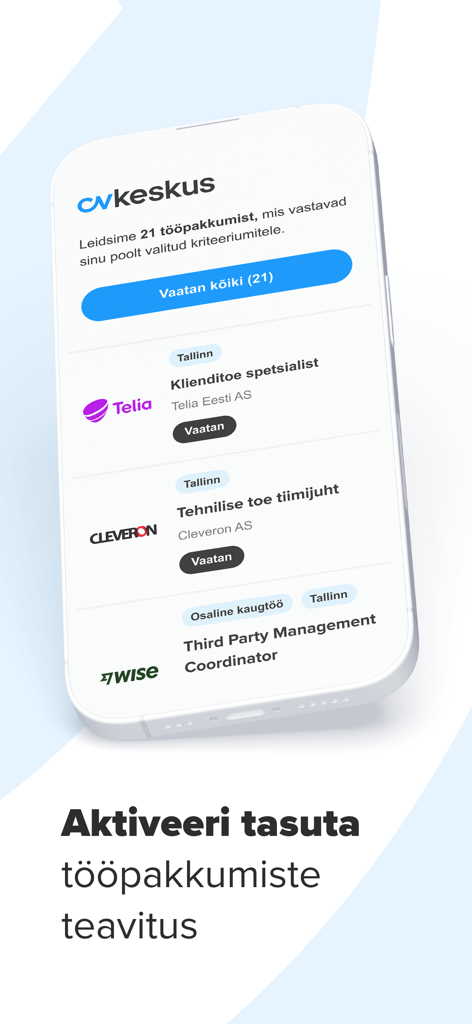 Eine mobile App-Oberfläche, die Stellenausschreibungen in Tallinn für Unternehmen wie Telia Cleveron und Wise mit der Option zur Aktivierung von Jobbenachrichtigungen anzeigt