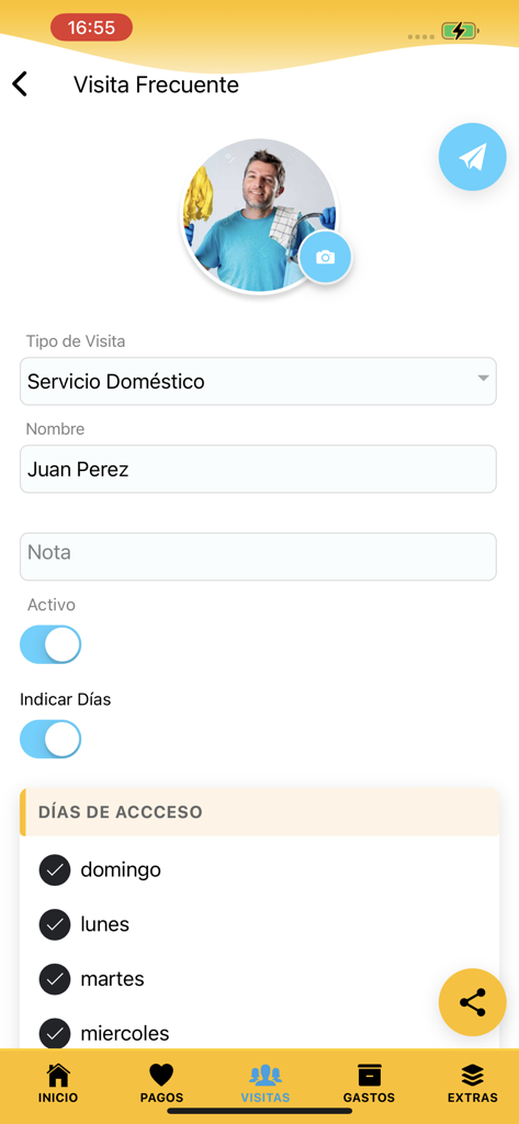 Residentfy - Écran d'enregistrement des visiteurs fréquents dans l'application Residentfy pour l'accès des services domestiques