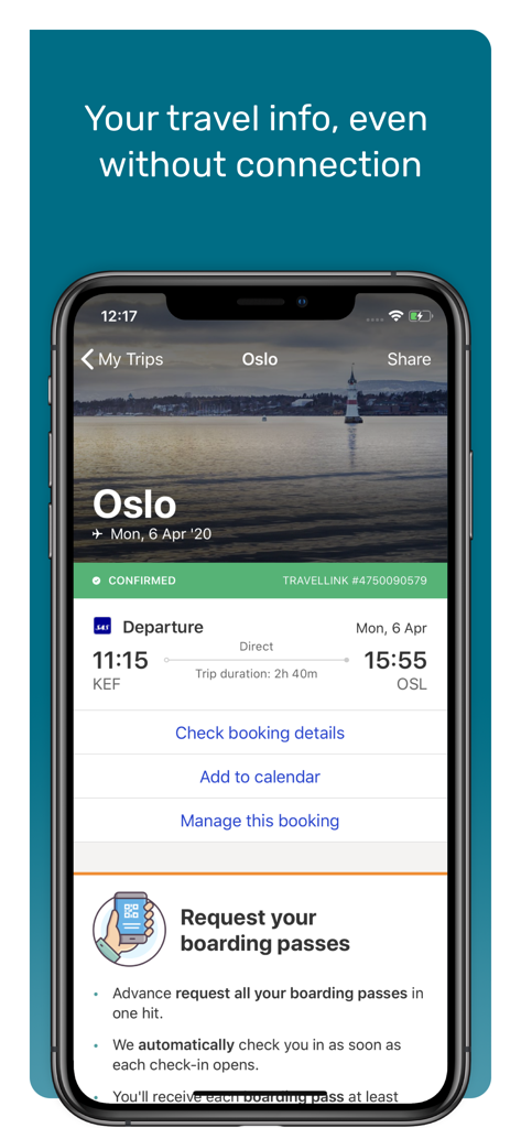 Travellink - Flights, Hotels - 오슬로 여행을 위한 오프라인 여행 정보 및 항공편 세부 정보를 보여주는 트래블링크 앱 화면