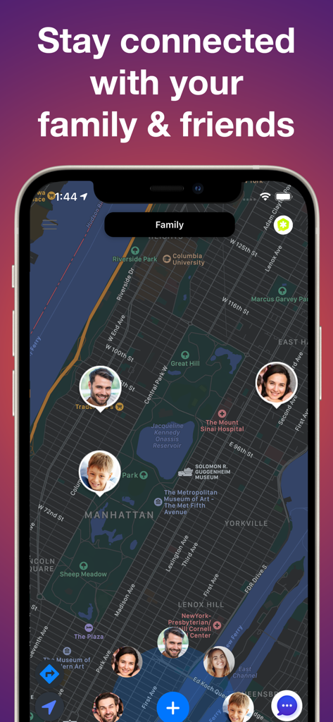 Interface do aplicativo móvel mostrando as localizações dos membros da família em um mapa da cidade