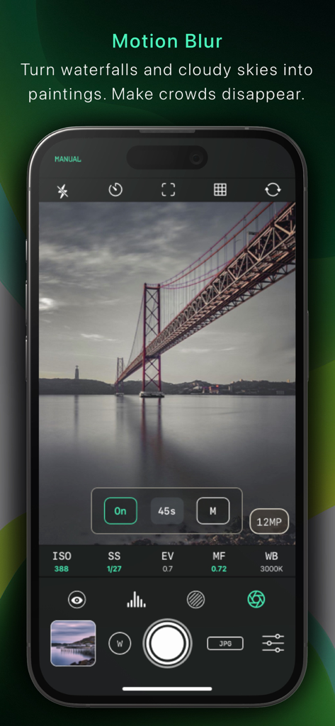 A long exposure shot of a bridge over smooth water using the motion blur feature in the Reeflex Pro Camera app.
