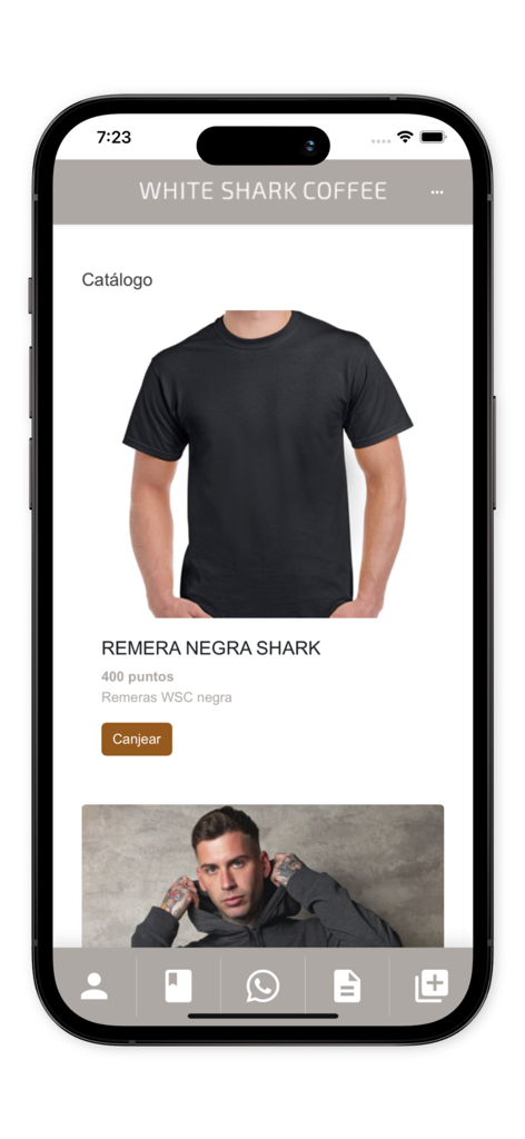 White Shark Coffee - White Shark Coffee app interface showing a black t-shirt available for redemption in the rewards catalog