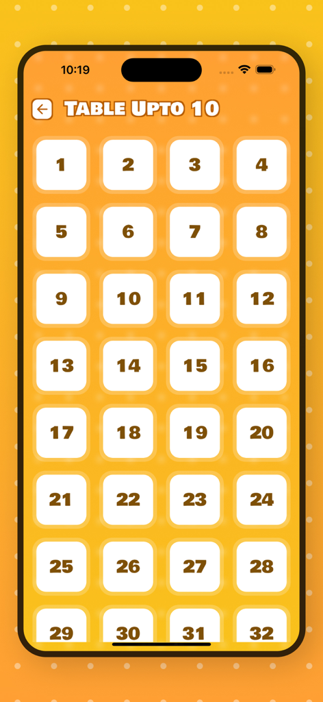 Maths Multiplication Table - Cuadrícula de selección para tablas de multiplicar del 1 al 32 sobre un fondo naranja brillante.