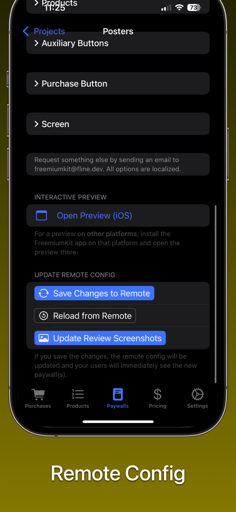 FreemiumKit: In-App Purchases - Interfaccia dell'app FreemiumKit che mostra la configurazione remota e le impostazioni di gestione dei paywall per sviluppatori iOS.