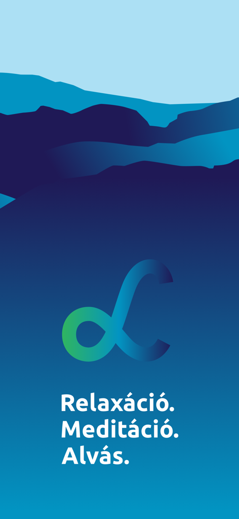 Lazits app splash screen featuring a stylized L logo and Hungarian text for relaxation, meditation, and sleep over mountain silhouettes.