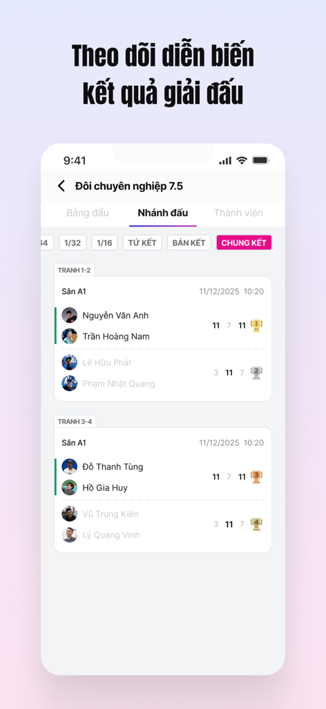 D-PICKL - D-PICKL mobile app interface showing pickleball tournament results and match brackets