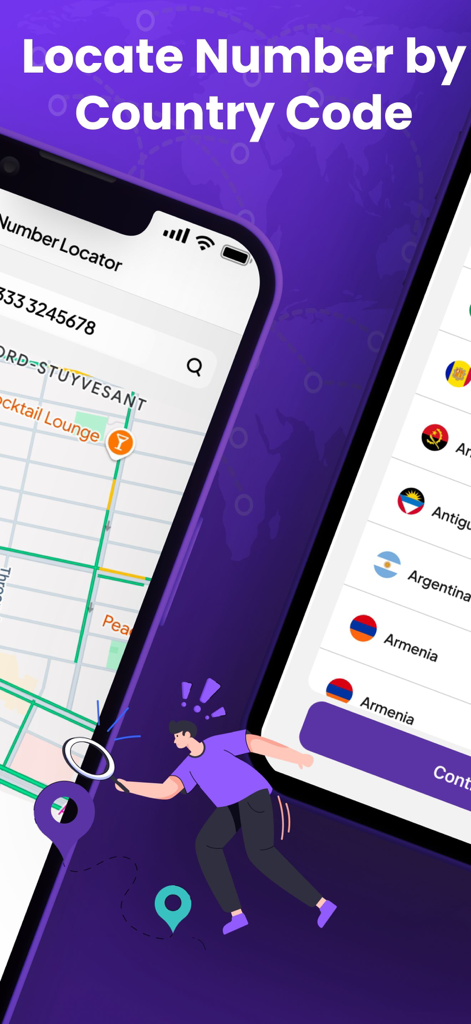 Phone Tracker by Number Lookup - 地図上の国コードと場所で電話番号を追跡するためのアプリインターフェース