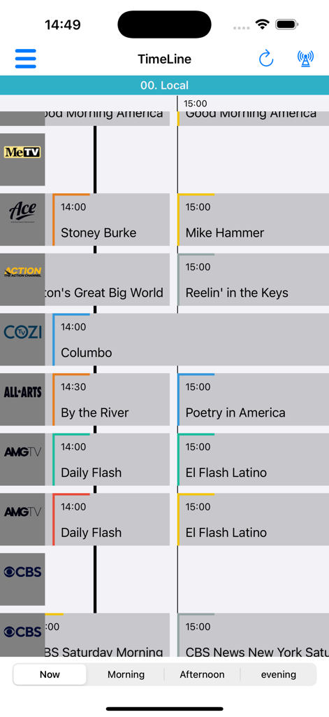 TV Guide Plus Listing freeview - A digital TV guide timeline showing local channel listings and show times