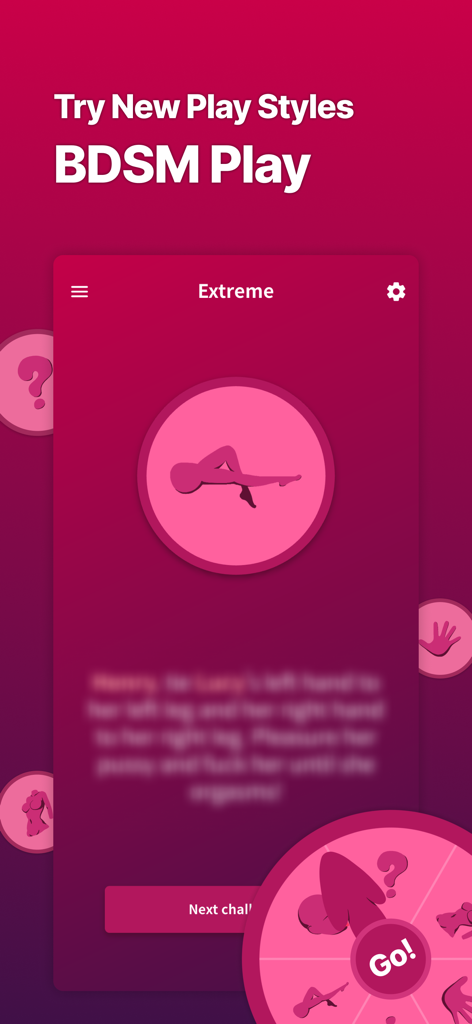 Body Roulette : Sex Roulette - Body Roulette App-Oberfläche, die das extreme Level für BDSM-Spielstile mit einer drehenden Rad-Herausforderung zeigt