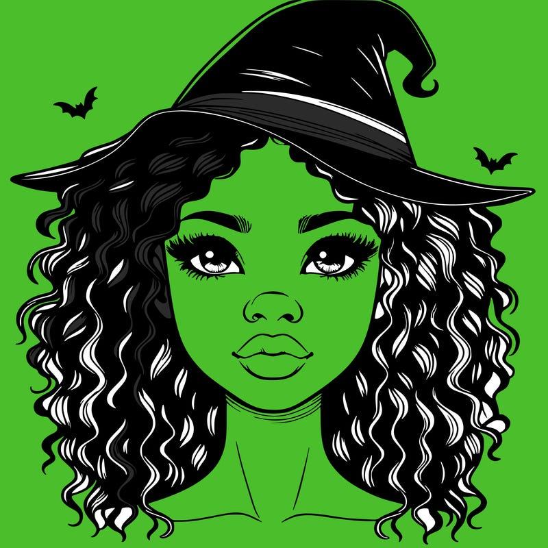 realistic black girl with wavy hair and witch hat and nose and lips