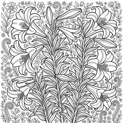Celebrate the elegance of spring with this beautiful Easter Lilies coloring page. Featuring magnificent trumpet-shaped blooms and lush foliage, it offers a serene and intricate design perfect for a moment of creative peace.