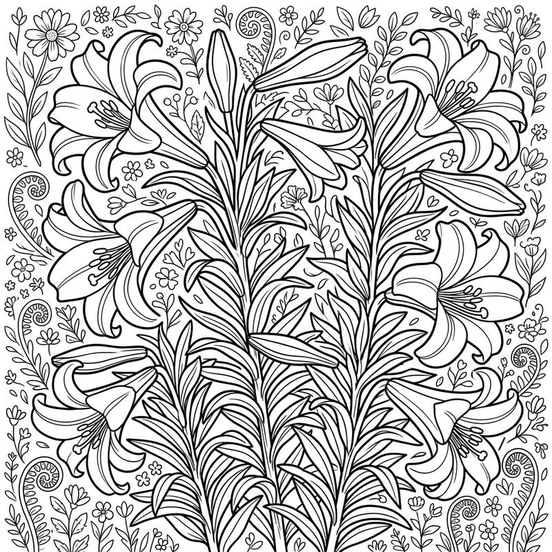 Celebrate the elegance of spring with this beautiful Easter Lilies coloring page. Featuring magnificent trumpet-shaped blooms and lush foliage, it offers a serene and intricate design perfect for a moment of creative peace.