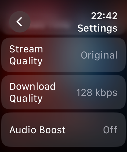 Settings screen in the Finy app on Apple Watch showing streaming and download quality options