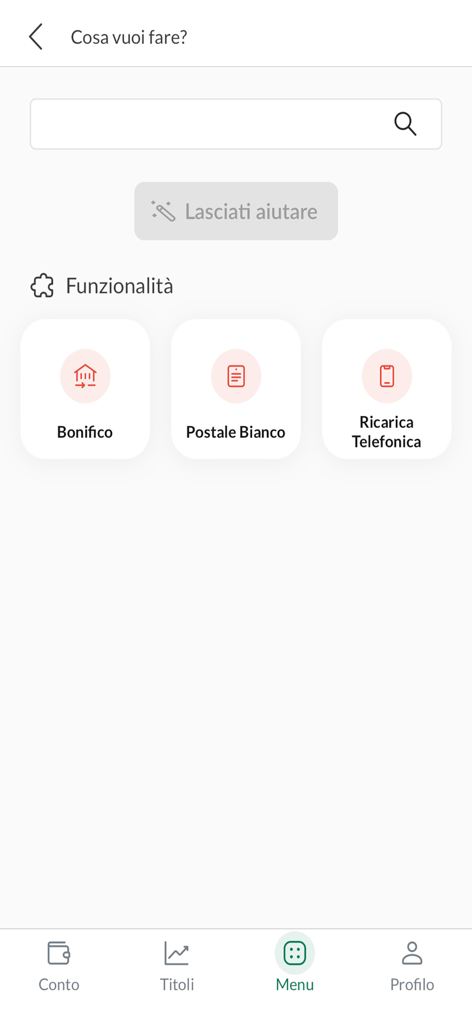The functionalities menu of the Mi@ banking app displaying icons for wire transfers and bill payments
