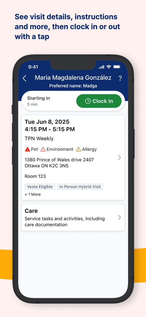 AlayaCare app interface displaying patient visit information and a green clock in button for caregivers