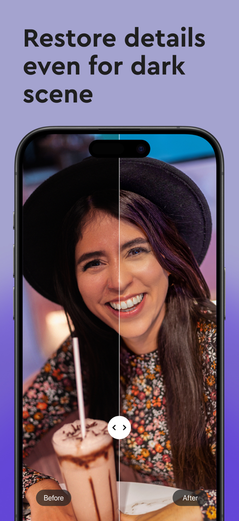 AfterShot - AI photo editor - Before and after comparison of a dark portrait restored with AfterShot AI photo editor