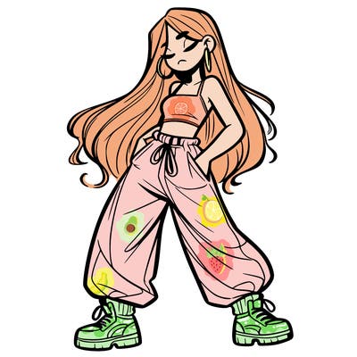 girl in baggy pants crop top and long hair