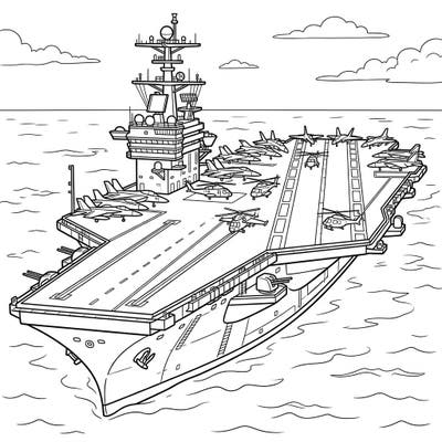 Embark on an epic coloring adventure with this incredibly detailed aircraft carrier page. Bring this massive warship, its bustling flight deck, and numerous aircraft to life with your favorite colors.