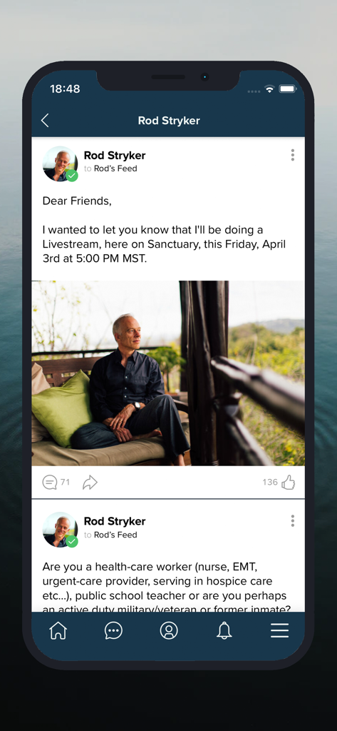 Sanctuary 앱 내 커뮤니티 피드는 라이브스트림에 대한 Rod Stryker의 게시물을 보여줍니다.