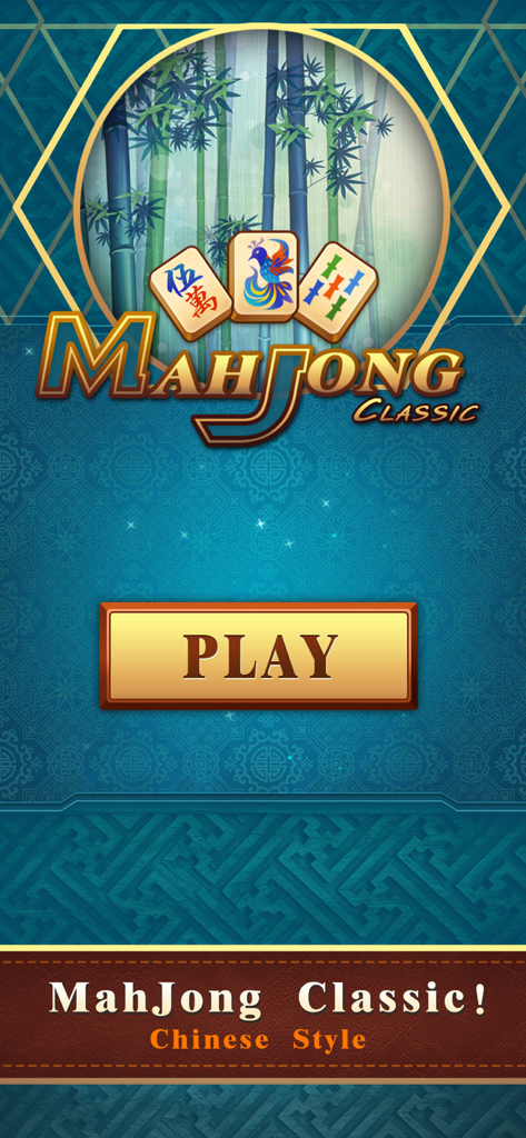 Pantalla de inicio del juego Mahjong Puzzle Classic con un botón de jugar y fondo de bambú